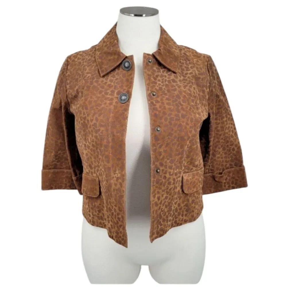 Live A Little Brown Leather Leopard Cropped Swing Coat Jacket Women's XL